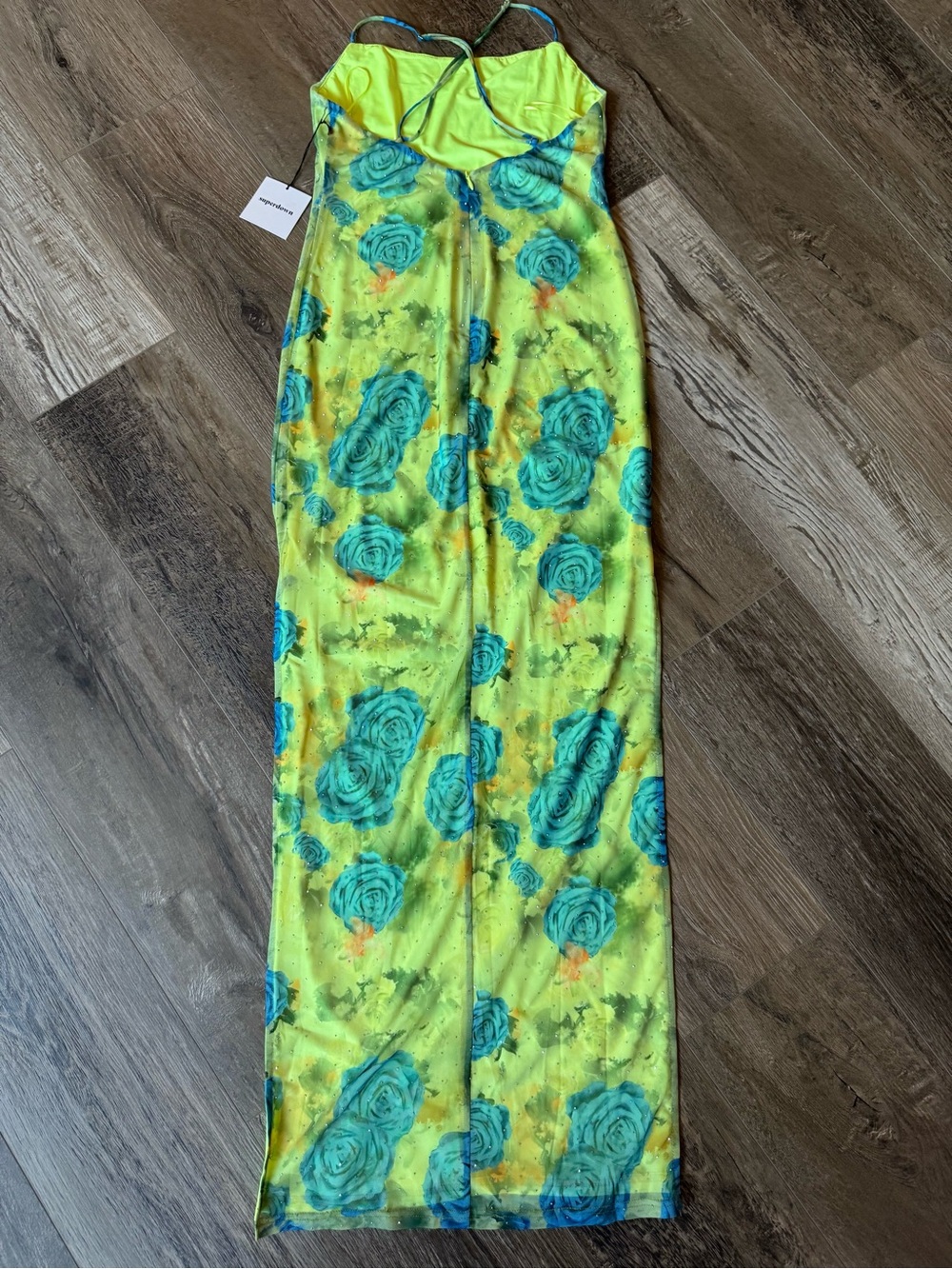 superdown Neon Lime Maxi Dress with Teal Rose Print - Picture 3 of 3
